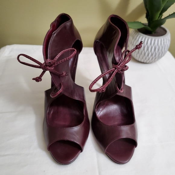 SCHUTZ | Burgundy Open-Toed Lace-up Heels - Picture 2 of 7